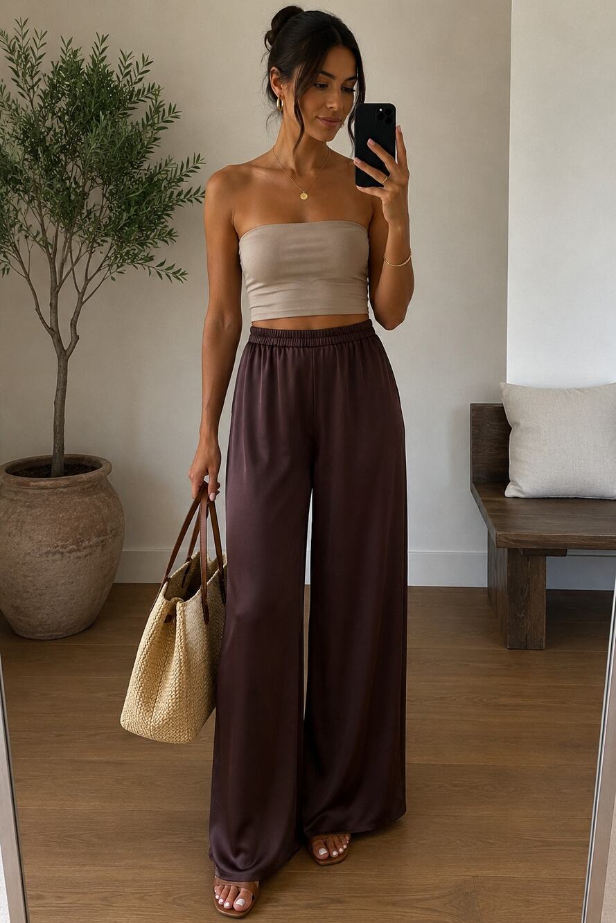 Vintage Papell Boutique 100% Silk Wide Leg Pants NWT Chocolate Brown Size 6